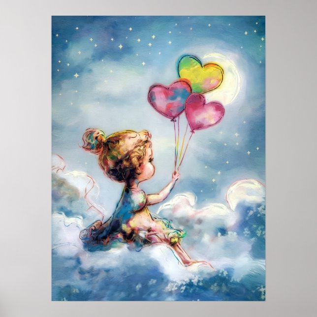 Dreamy Night Himmel - Whimsical Girl with Balloons Poster (Framsidan)