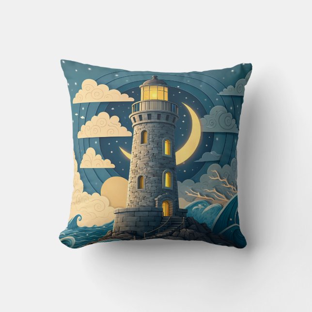 Dreamy Night Lighthouse Ocean Throw Pillow Kudde (Framsida)