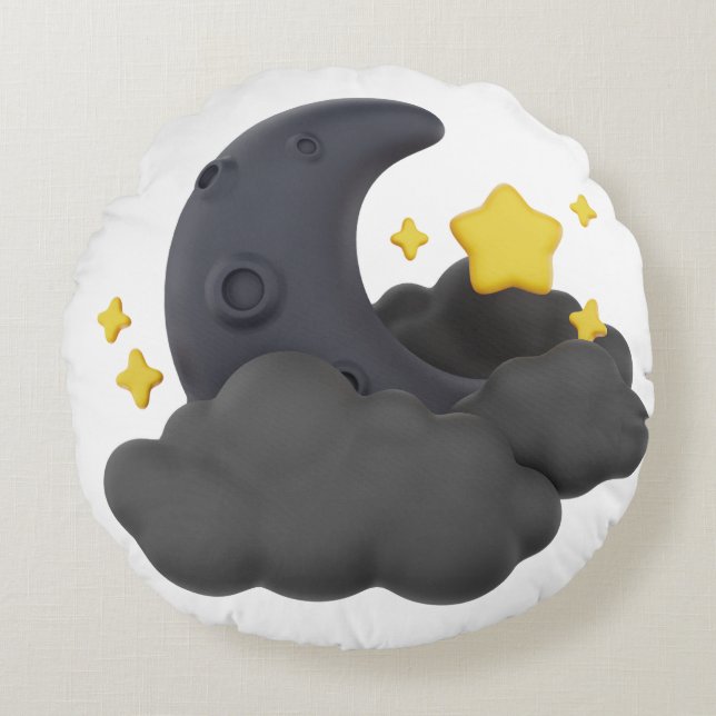 Dreamy Night Sky Pillow  Moon, Stars and Clouds  Rund Kudde (Framsidan)