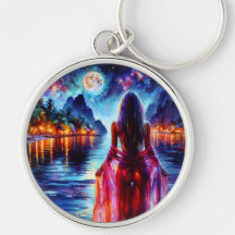 Dreamy ocean beach girl with moon and lights
