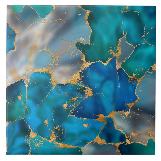 Dreamy Ocean Blue och Guld Kakelplatta (Framsidan)