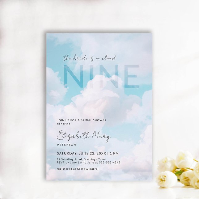 Dreamy On Cloud 9 Modern Elegant Möhippa Inbjudningar (the bride is on cloud 9 bridal shower invitation dreamy romantic pastel blue clouds sky modern chic)