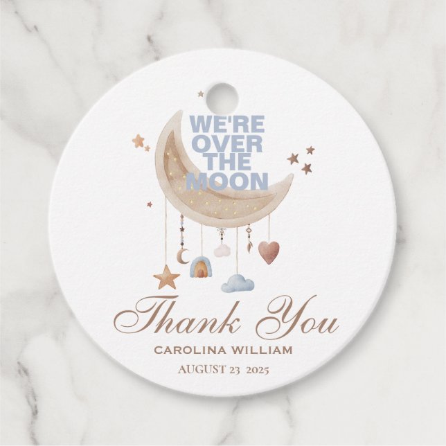 Dreamy Över Måne blå babydusch Gåvor Etiketter (Framsida)