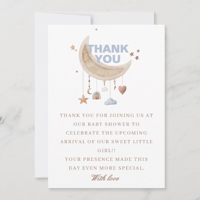 Dreamy Över Måne blå babydusch Tack Kort (Framsida)