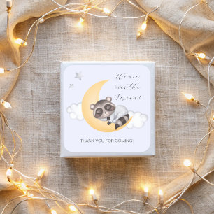 Dreamy over Måne Raccoon Boy Shower Fyrkantigt Klistermärke