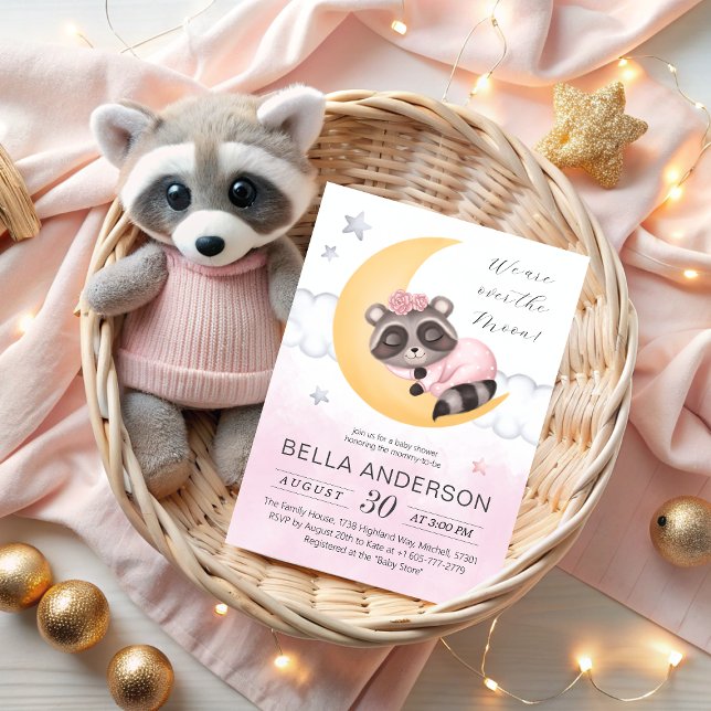 Dreamy over Måne Raccoon Girl Baby Shower Inbjudningar (Dreamy Over the Moon Raccoon Girl Baby Shower Invitation)