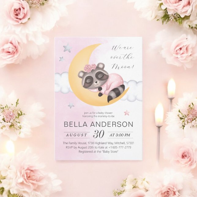 Dreamy over Måne Raccoon Girl Baby Shower Inbjudningar (Dreamy Over the Moon Raccoon Girl Baby Shower Invitation)
