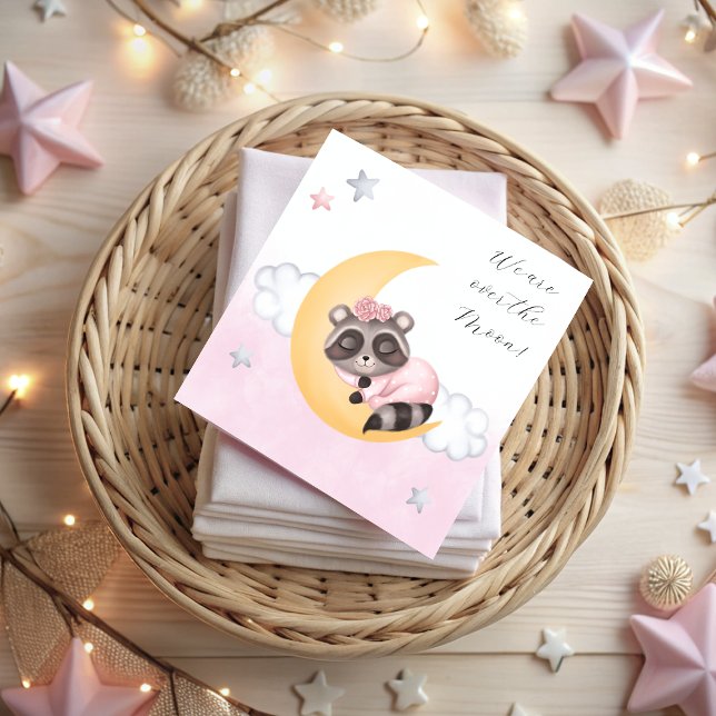 Dreamy over Måne Raccoon Girl Baby Shower Pappersservett (Dreamy Over the Moon Raccoon Girl Baby Shower Napkins)