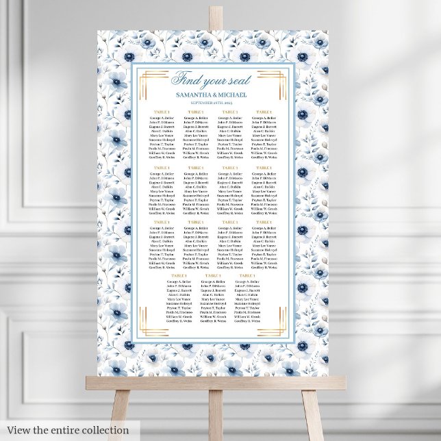Dreamy Pastel Blue Guld Watercolor Sittschema Poster (Dreamy Pastel Blue Gold Watercolor Seating Chart)
