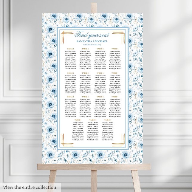Dreamy Pastel Blue Guld Watercolor Sittschema Poster (Dreamy Pastel Blue Gold Watercolor Seating Chart)