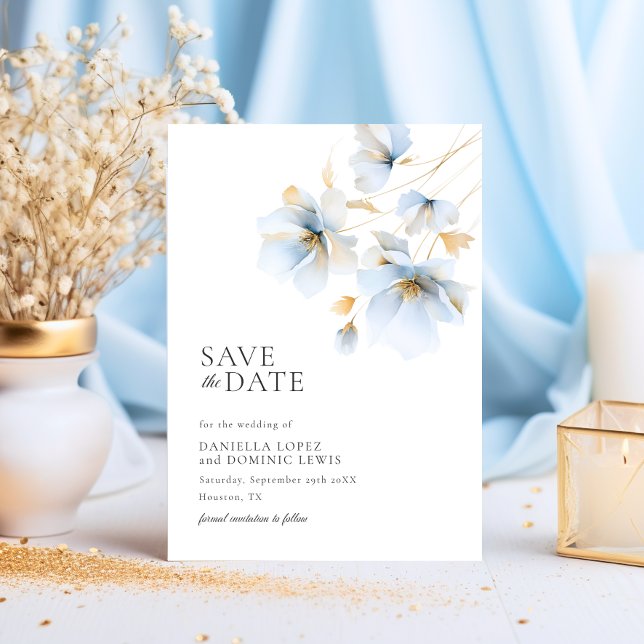 Dreamy Pastel Blue och Guld Vild Flowers Bröllop Spara Datumet (Dreamy Pastel Blue and Gold Wild Flowers Wedding Save The Date)