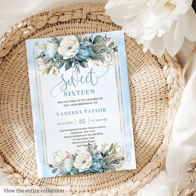Dreamy Pastel Blue White Blommigt Sweet sixteen 16 Inbjudningar (Dreamy Pastel Blue White Floral Sweet 16 Invitation)