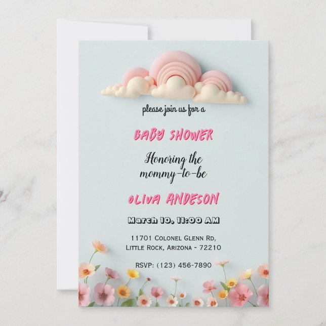 Dreamy Pastel Clouds and Flowers Baby Shower Card Inbjudningar (Framsida)