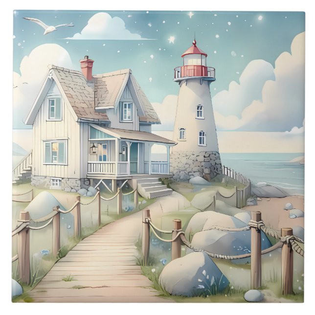Dreamy Pastel Lighthouse vid Sea Kakelplatta (Framsidan)