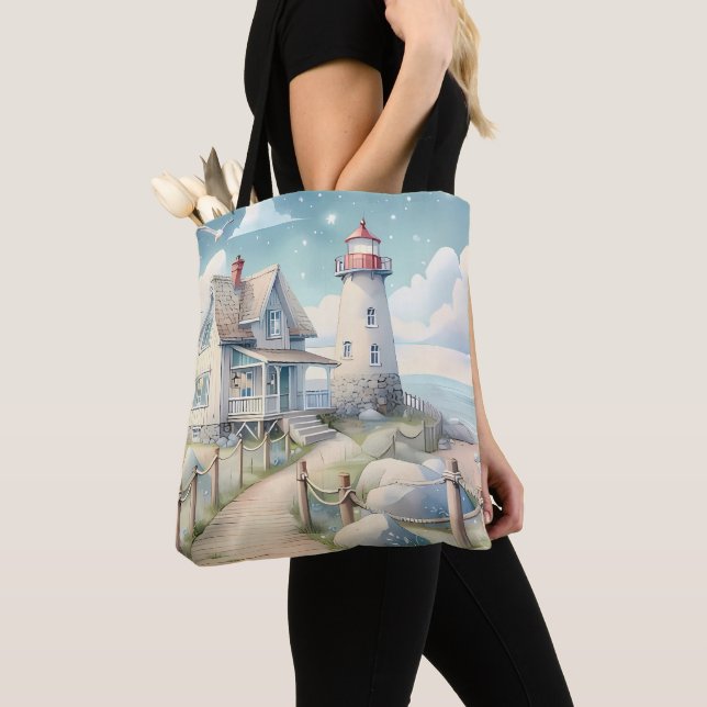 Dreamy Pastel Lighthouse vid Sea Tygkasse (Närbild)