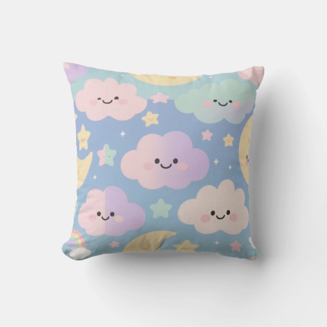 Dreamy Pastel Sky – Cute Cartoon Clouds & Moons Th Kudde (Framsida)