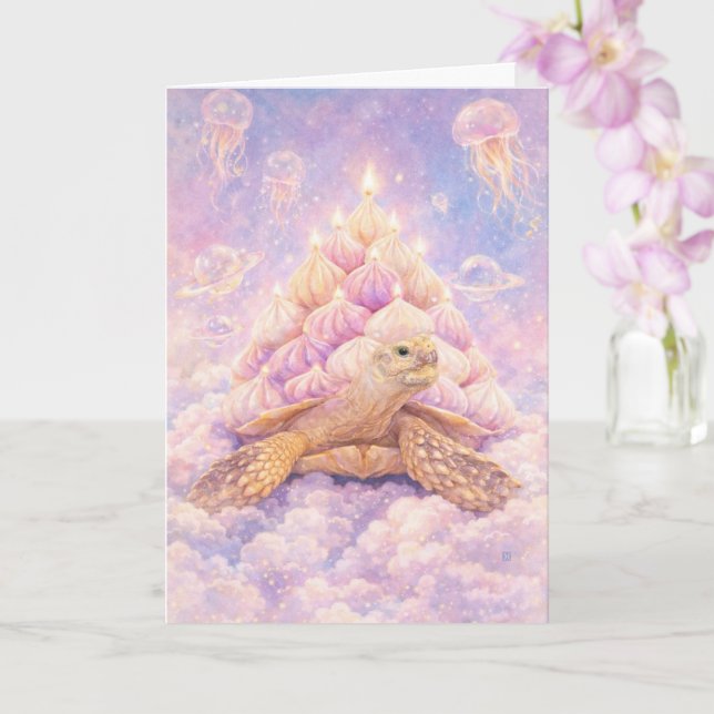 Dreamy Pastel Zefir Birthday turtle in clouds  Kort (Orkide)
