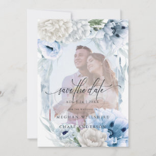 Dreamy Photo Blommigt Watercolor Blåa blommor Spara Datumet