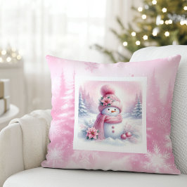Dreamy Pink Forest Pillow Pinkmas Snowman Gift Kudde