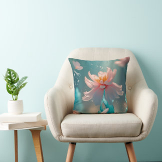 Dreamy Pink Lotus and Butterfly in Aqua Water Kudde