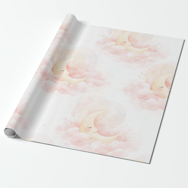 Dreamy Pink Moon Baby Shower Wrapping Paper, Cute  Presentpapper (Utrullad)