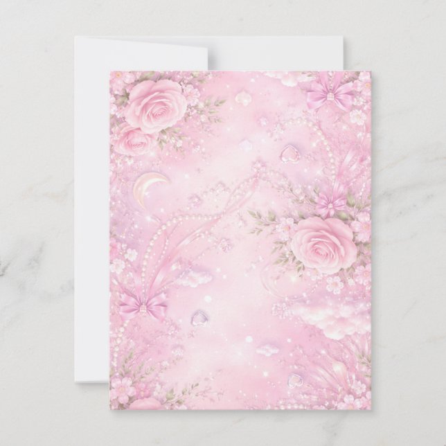 Dreamy Pink Rose Floral Pearls Bows Sparkle Pastel OSA Kort (Framsida)