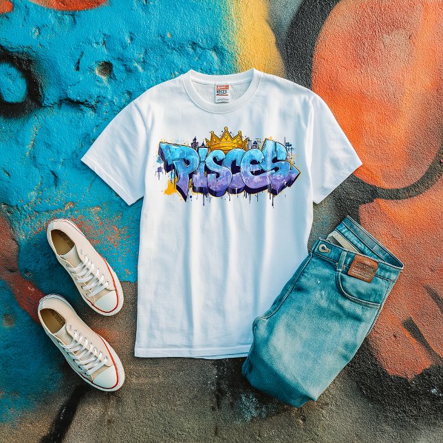 Dreamy Pisces Zodiac Graffiti Airbrush med Krona T Shirt (PISCES ZODIAC SIGN)