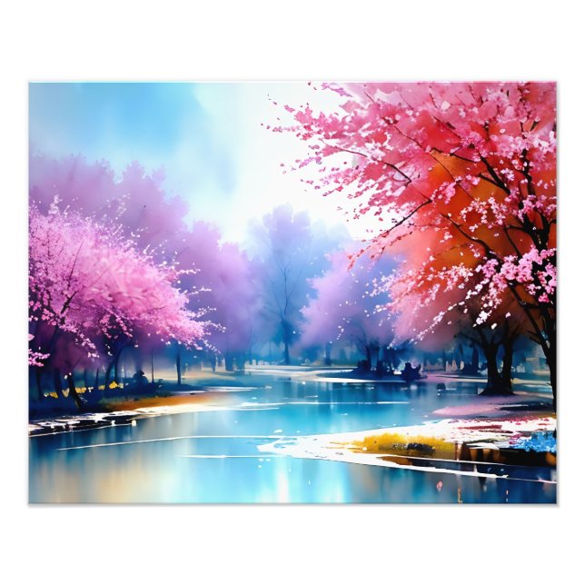Dreamy Riverbank Under Cherry Blommars Fototryck (Framsidan)
