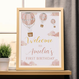 Dreamy Rosa Balloon First Birthday Girl Glitter Poster