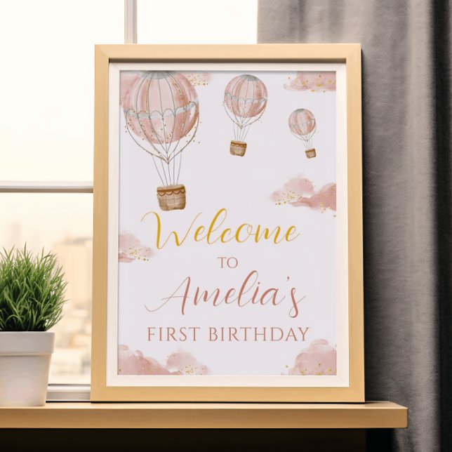 Dreamy Rosa Balloon First Birthday Girl Glitter Poster (Skapare uppladdad)