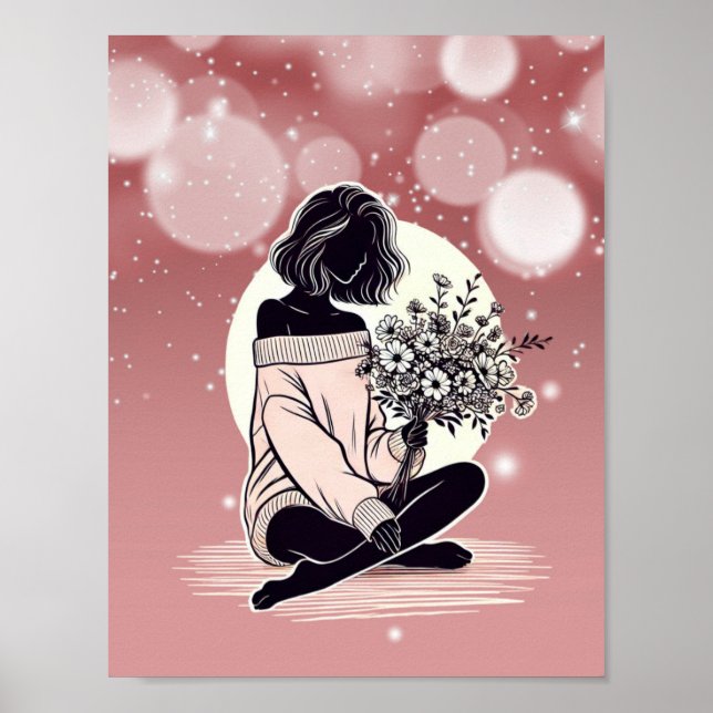 Dreamy Rosa Elegance: En kvinnas tysta reflektion Poster (Framsidan)