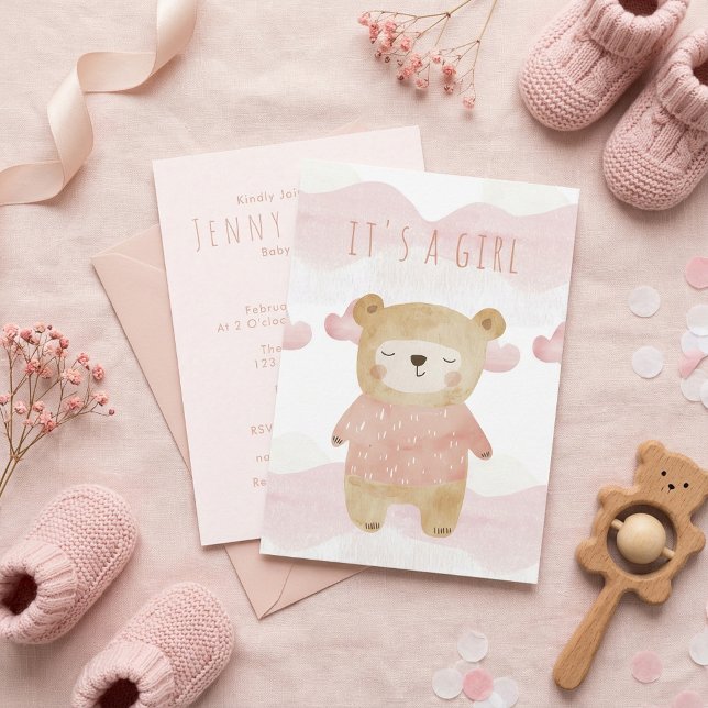 Dreamy Rosa Nalle Baby Shower Det är en tjej Inbjudningar (Dreamy Pink Teddy Bear Baby Shower it's a girl Invitation.)