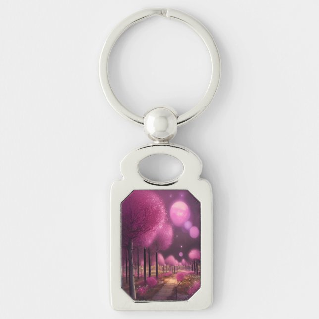 Dreamy Rosa Nightscape Rektangulärt Silverfärgad Nyckelring (Framsidan)