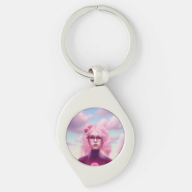 Dreamy Rosa Swirl Silverfärgad Nyckelring (Framsidan)