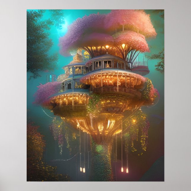Dreamy Rosa Treehouse Digital Art Poster (Framsidan)