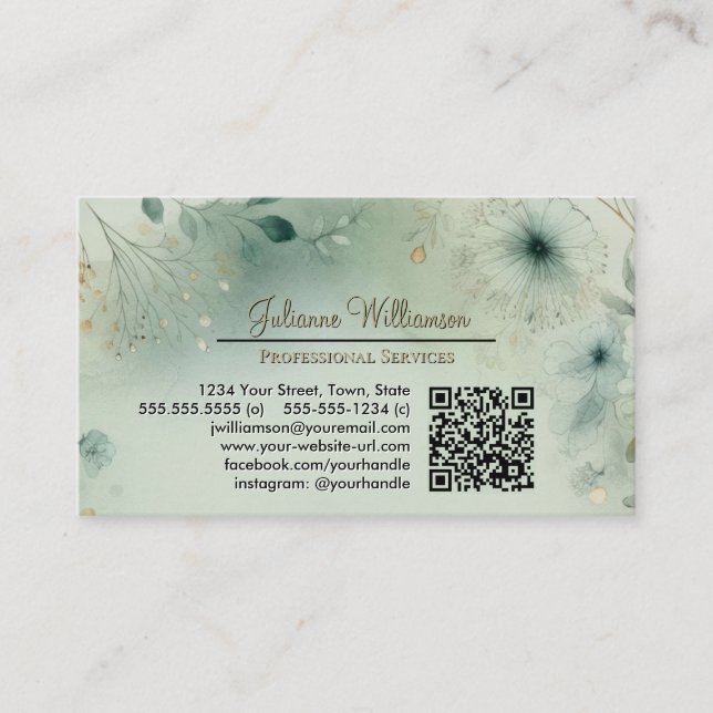 Dreamy Sage Green & Gold Watercolor QR Code Visitkort (Framsida)