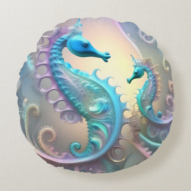 Dreamy Seahorse Pastel Fractal Art Rund Kudde (Framsidan)