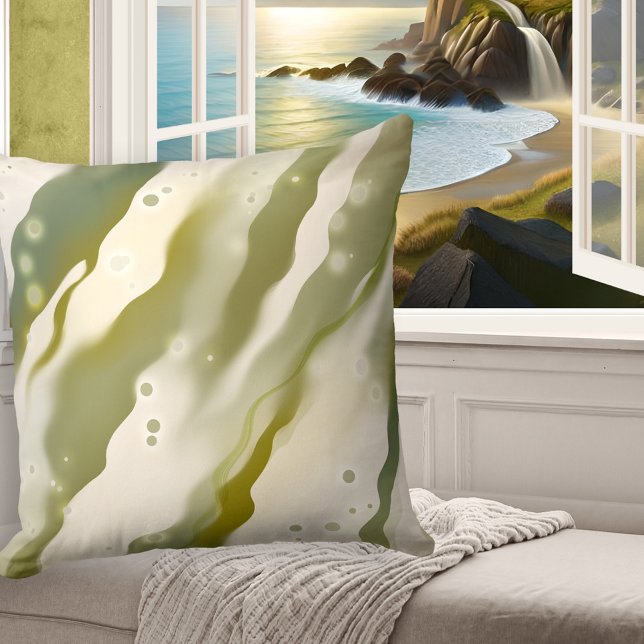 Dreamy Sjögräs Abstrakt Grönt Art Mönster Pillow Kudde (Modern pillow showing a green abstract painting with light sparkles, reminding of seaweed and ocean)