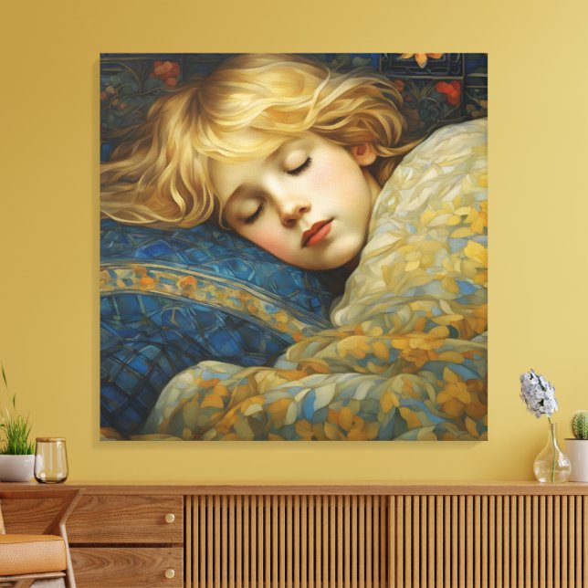 Dreamy Sleeping Child in Blommigt Quilt Canvastryck (Insitu (Vardagsrum))