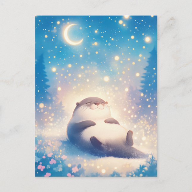 Dreamy Sleeping Otter Moonlit Night Sky Vykort (Framsida)