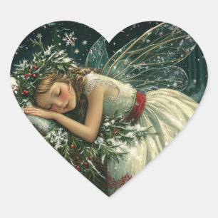 Dreamy Snö Fairy med Vingar i Forest Winter Hjärtformat Klistermärke