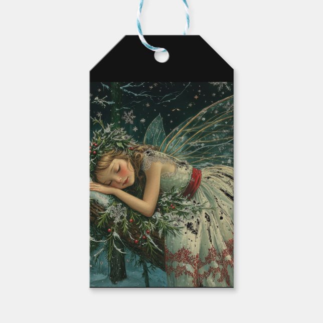 Dreamy Snö Fairy med Vingar i Forest Winter Presentetikett (Framsidan)
