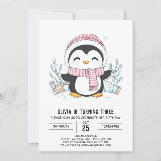 Dreamy Snowflake Penguin Digital Birthday Inbjudningar (Framsida)
