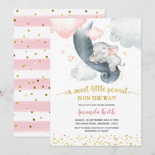 Dreamy Stars Rosa Elephant Baby Shower-inbjudan Inbjudningar (Fram/baksida)