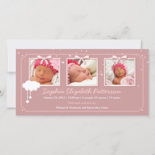 Dreamy Stars Three Photo Baby Birth Notice Meddelande (Framsida)