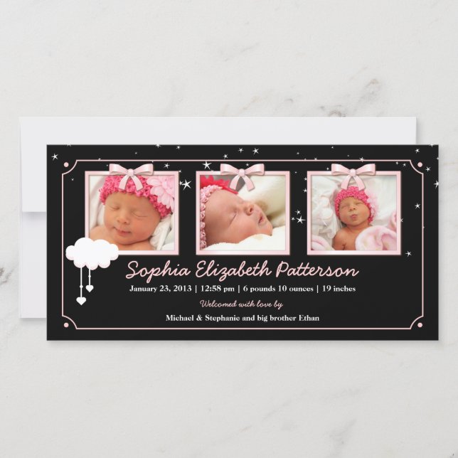 Dreamy Stars Three Photo Baby Birth Notice Meddelande (Framsida)