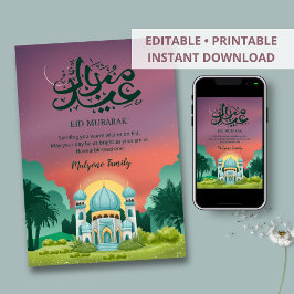 Dreamy Sunset Mosque and Crescent Moon Eid Card Julkort