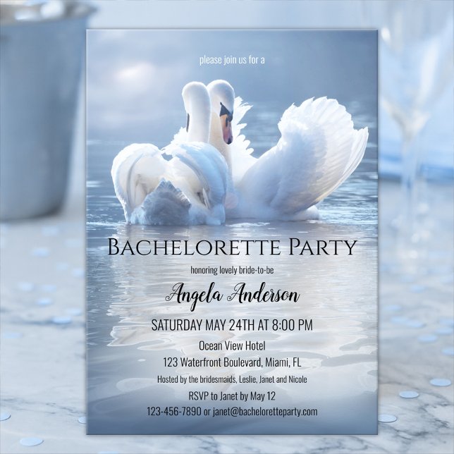Dreamy Svan Sjö Bachelorette Party Inbjudningar (Elegant bachelorette party invitation featuring two swans in love on a hazy sunlit lake)