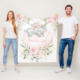 Dreamy Sweet Baby Elephant Girl  Rosa Blommigt Fleecefilt