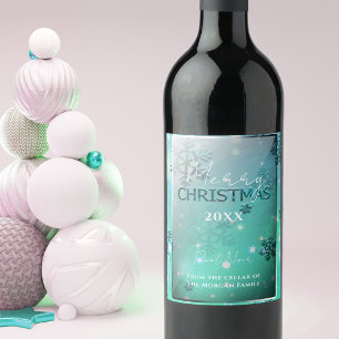 Dreamy Teal Silver Winter Wonderland jul Vinflaska Etikett